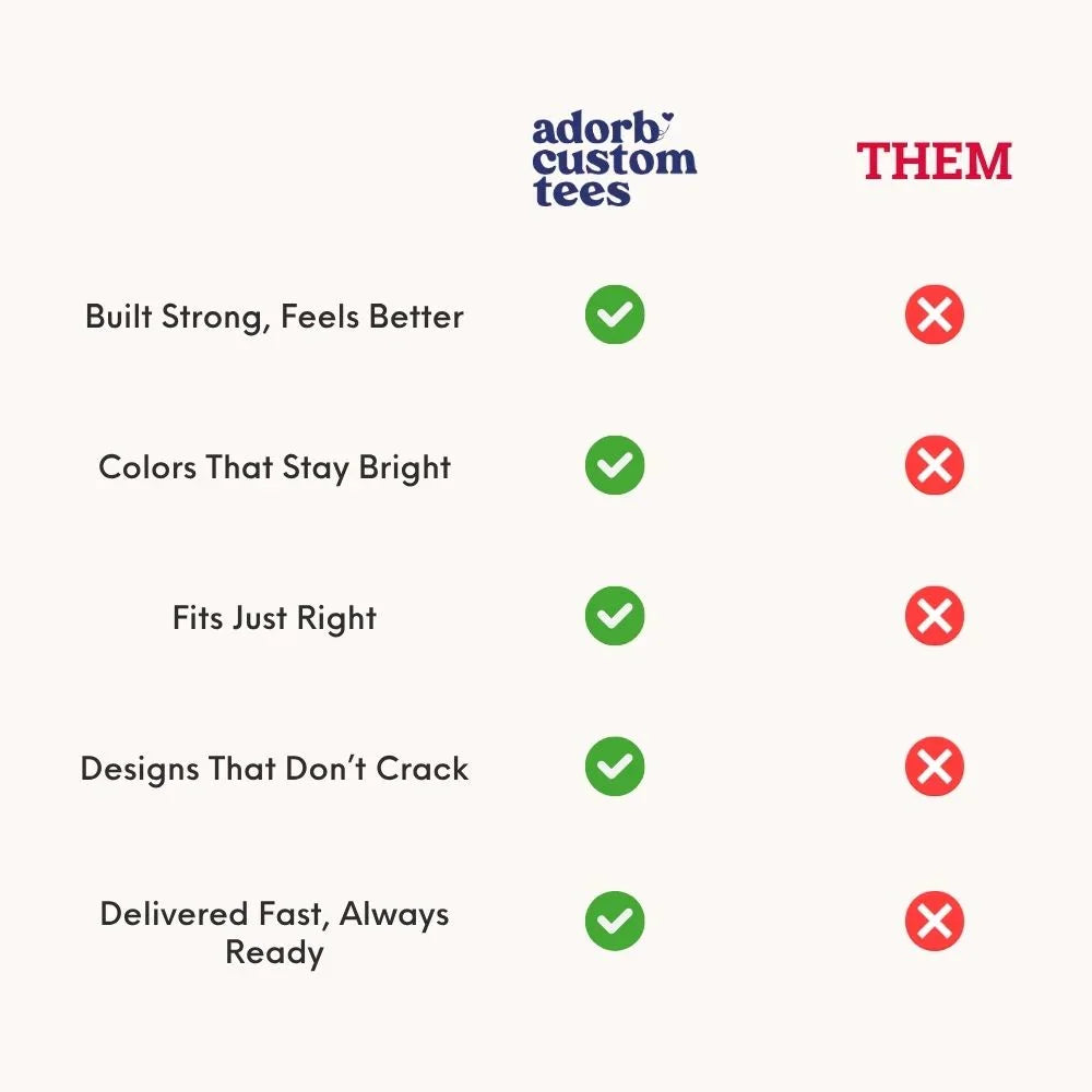 Adorb custom tees them vs built strong comparison list with check and X icons