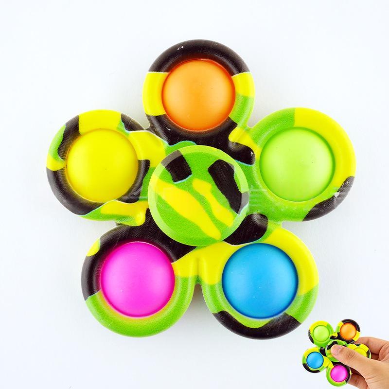 Camouflage fidget spinner with six neon button tips and green-yellow printed center disc.