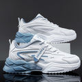 Men's white and light-blue running shoes, mesh upper with lace-up and thick tread