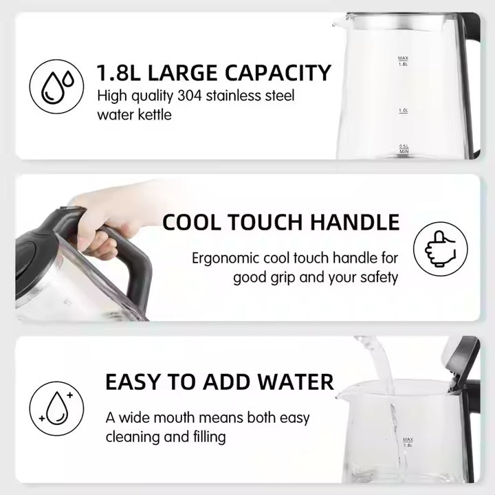 Cordless Transparent Glass Electric Kettle 1.6L 2.0L Capacity 1500W Auto Power Off For Home Hotel And Commercial Use