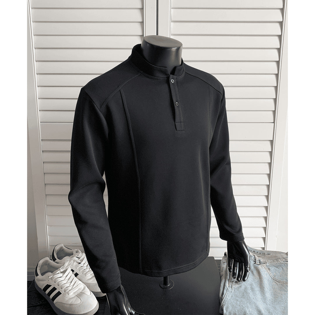 Patchwork Stand-up Collar Sweater Shoulder Polo Shirt Collar Long Sleeve Men