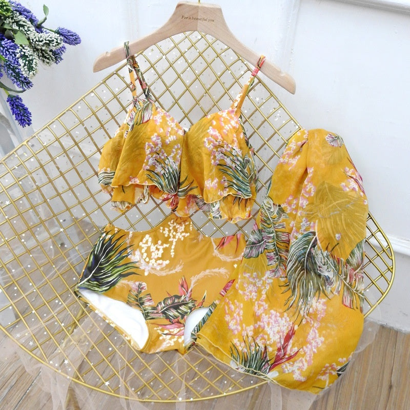 New Women Push Up One-piece Triangle Belt Large Veils Couple Swimwear