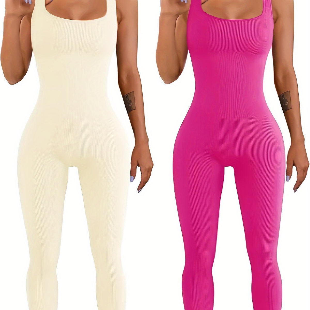 Cream and bright pink sleeveless spandex workout bodysuits, fitted one-piece tanks.