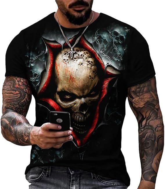 Printed Men's Short Sleeve Skull Head Round Neck T-shirt Hot Selling Short Sleeve