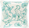 Cream throw pillow with aqua bird and floral outline pattern, square shape