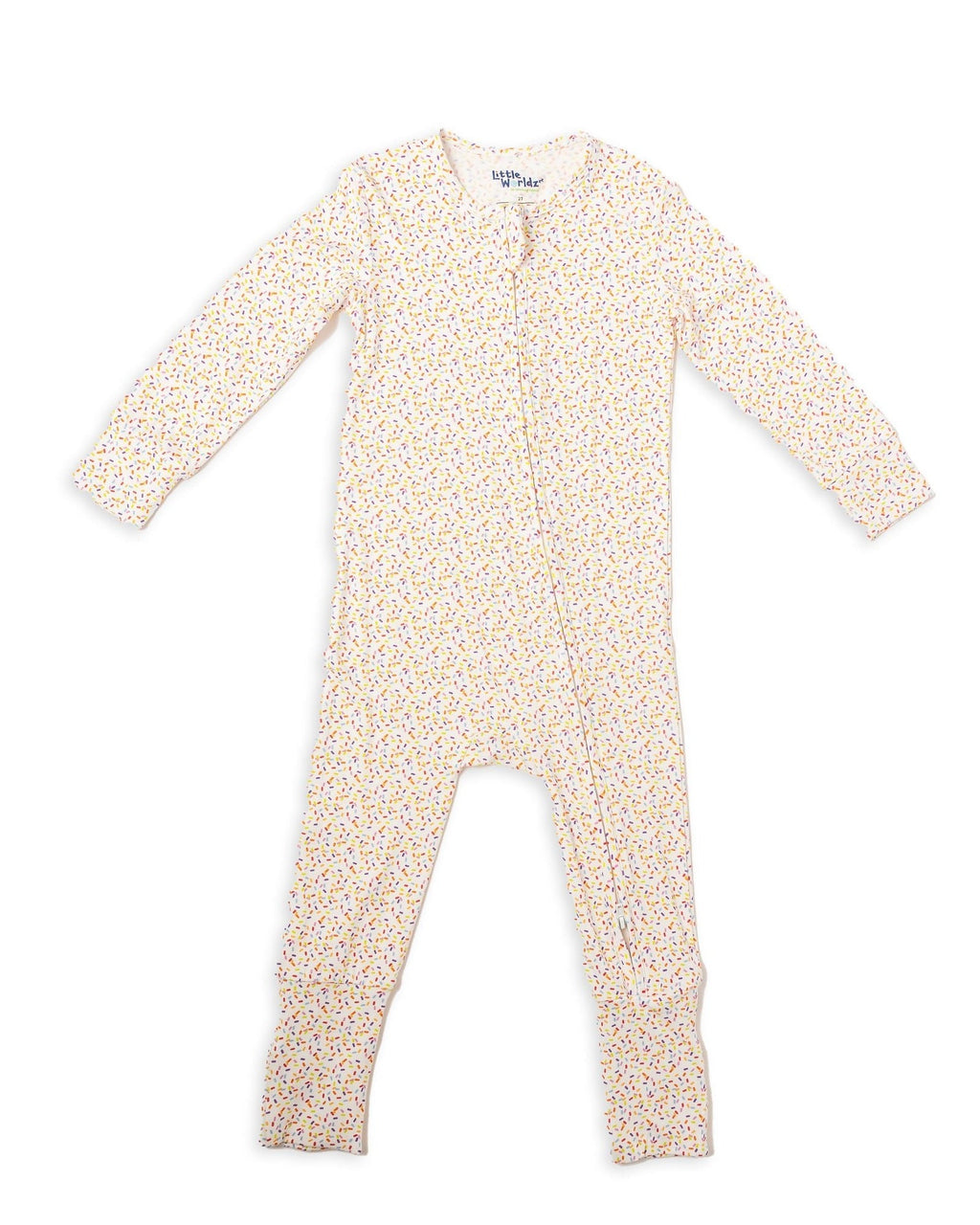 White confetti-sprinkle long-sleeve toddler pajama romper with footed legs