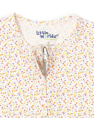 White confetti-sprinkle pajama romper neckline with front two-way zipper