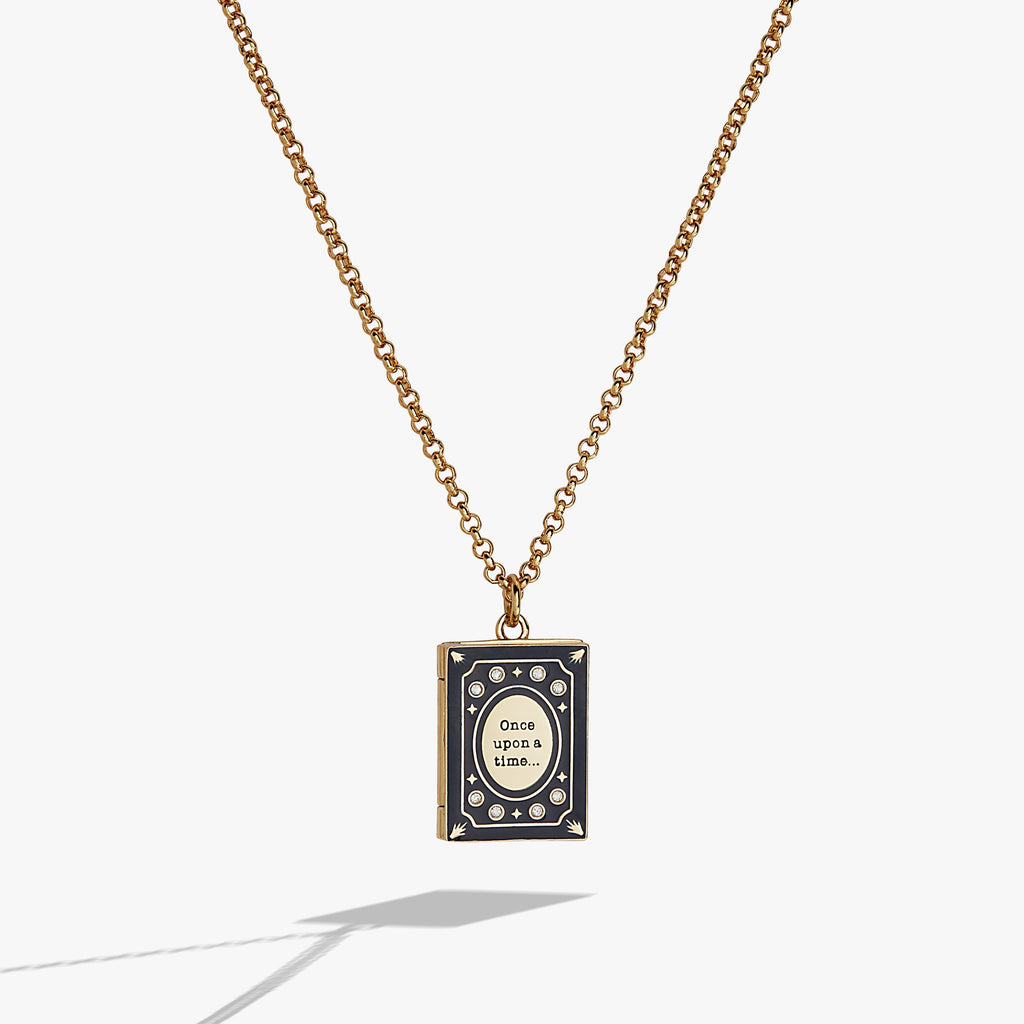 Gold book club locket pendant with open-book design on a chain