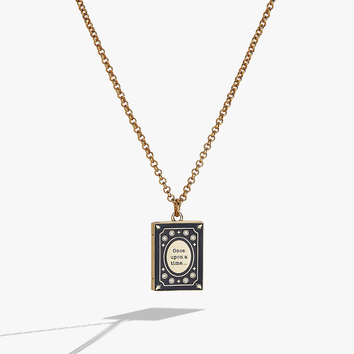 Gold book club locket pendant with open-book design on a chain
