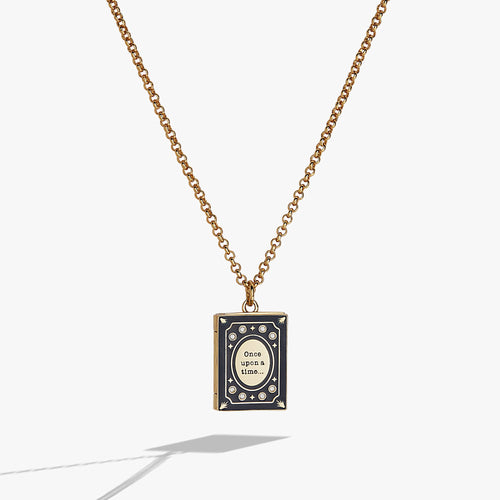 Gold book club locket pendant with open-book design on a chain