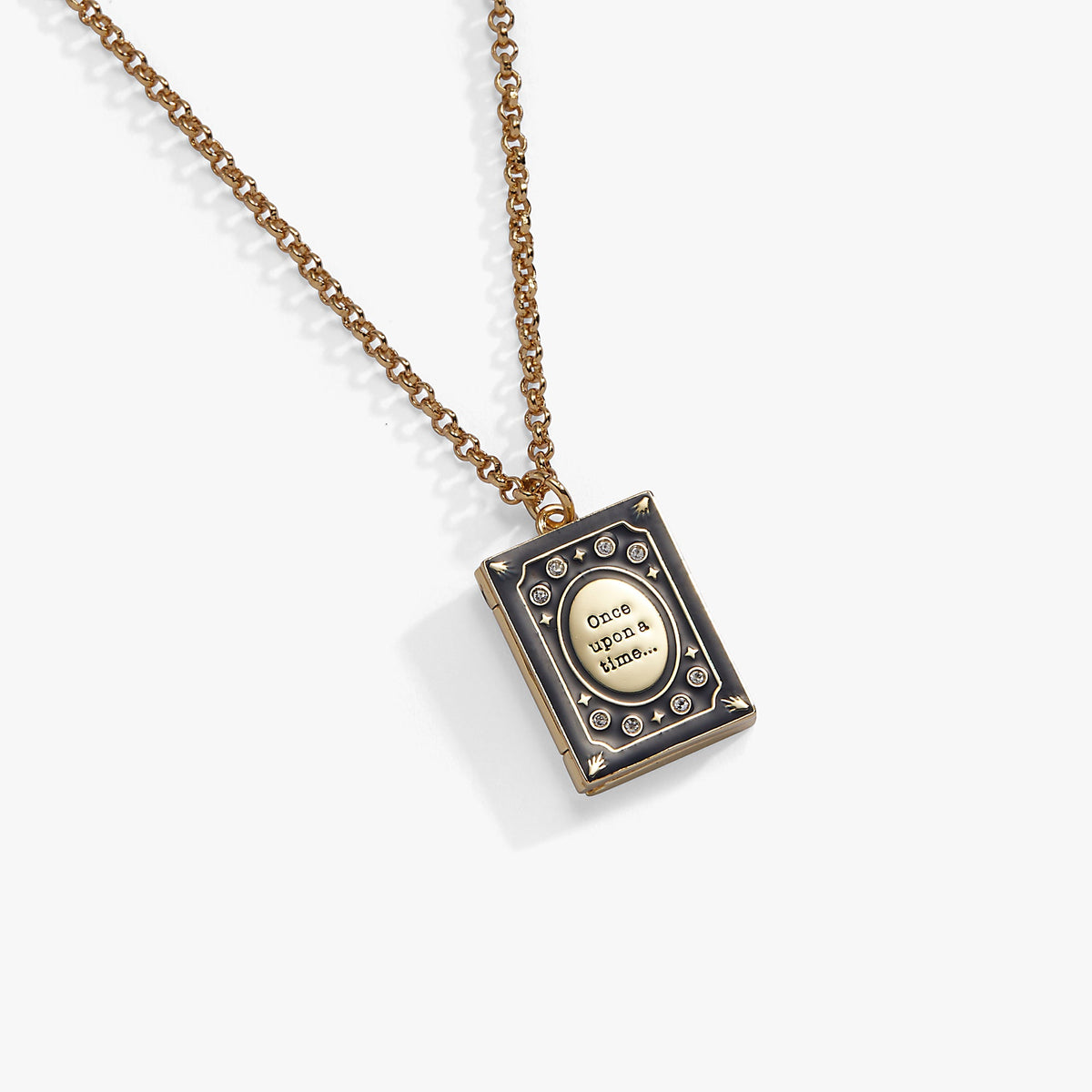 Gold book club locket pendant front view on a chain
