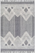 Charcoal and ivory area rug with vertical stripe sections, X-and-diamond pattern, fringe