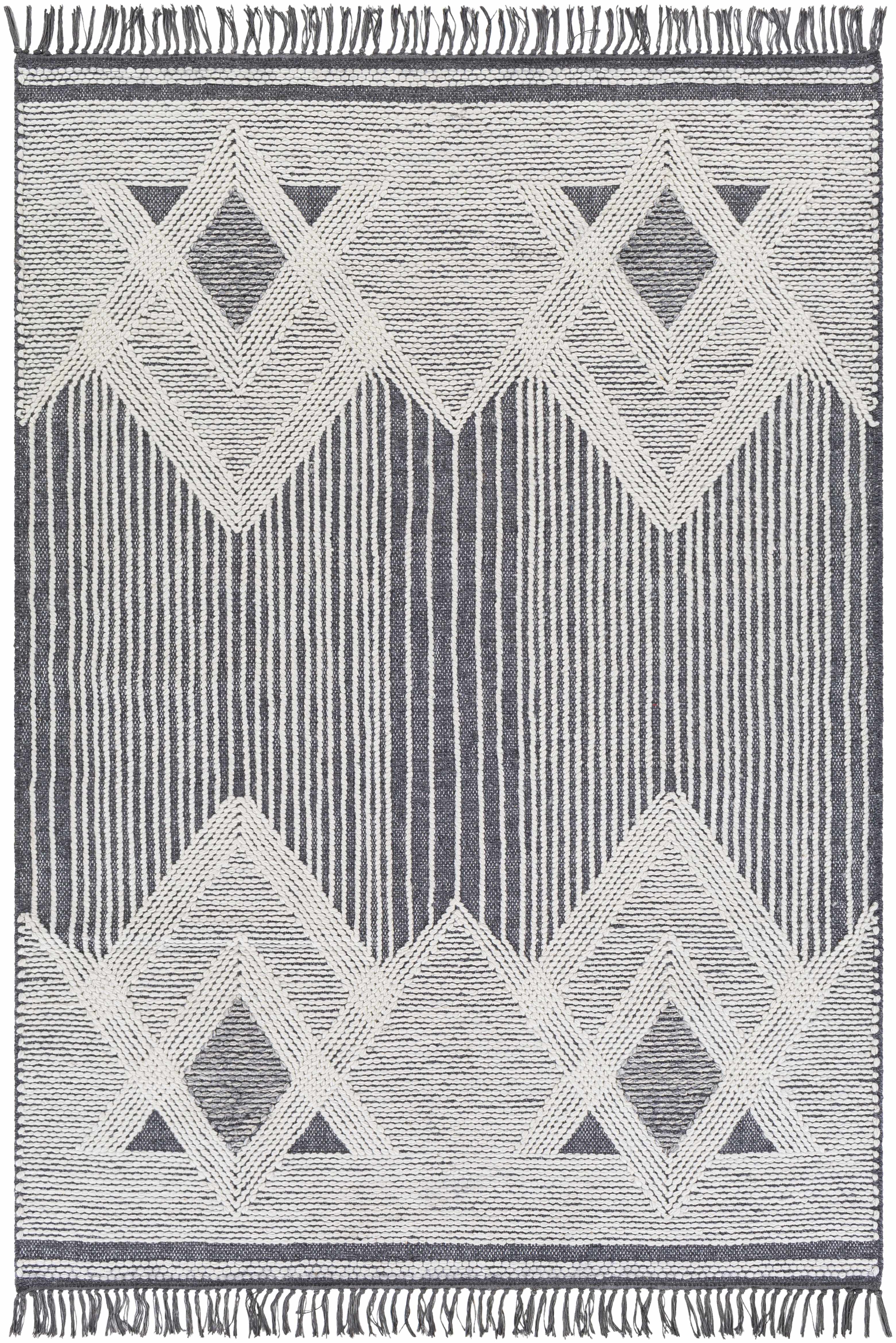 Aldbourne Gray Tassel Flatweave Wool Area Rug – Charcoal & Ivory