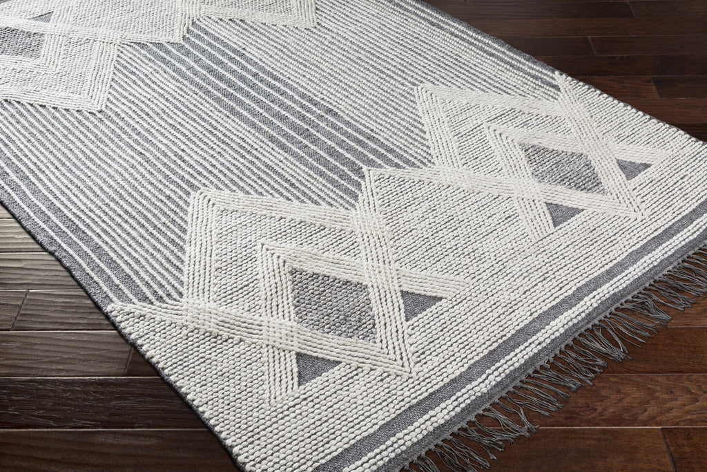 Aldbourne Gray Tassel Flatweave Wool Area Rug – Charcoal & Ivory