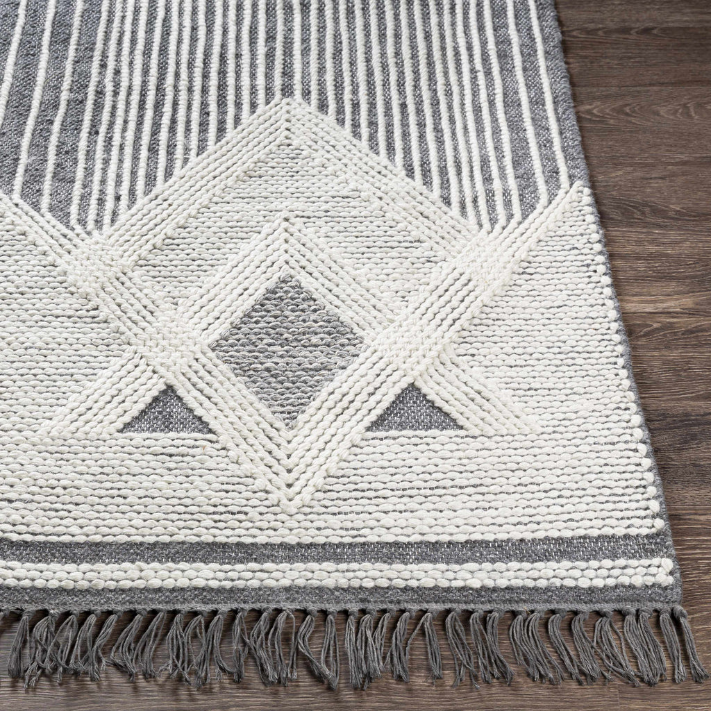 Aldbourne Gray Tassel Flatweave Wool Area Rug – Charcoal & Ivory