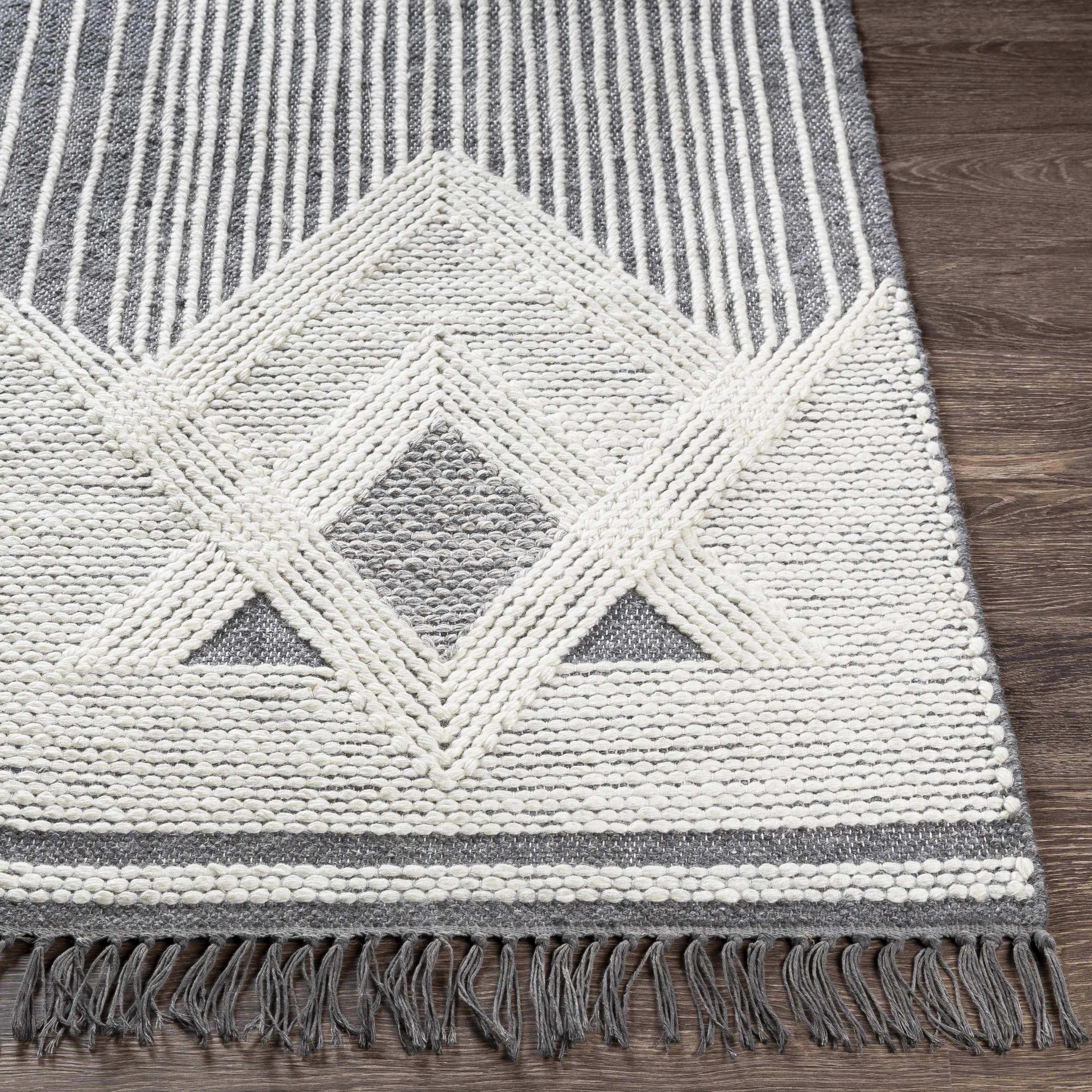 Aldbourne Gray Tassel Flatweave Wool Area Rug – Charcoal & Ivory