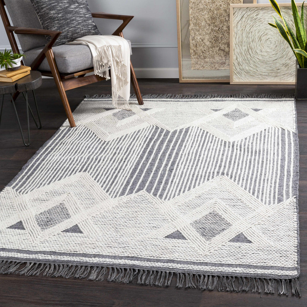 Aldbourne Gray Tassel Flatweave Wool Area Rug – Charcoal & Ivory