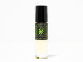 Green tea body oil bottle with black cap and green label, full view