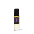 Perfume body oil bottle with black cap and purple label, clear gold liquid