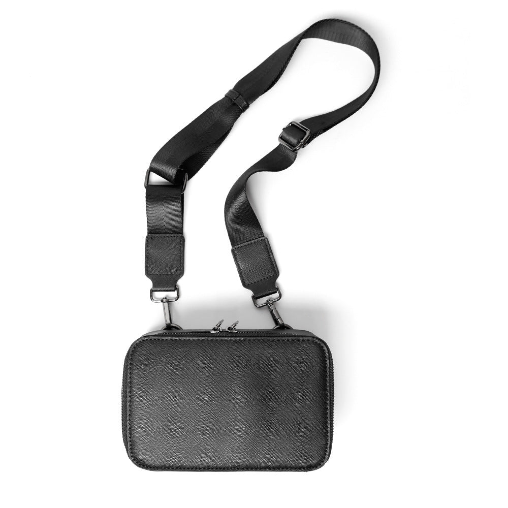 Korean Casual Men's Horizontal Crossbody Bag PU Leather Waterproof Black for Leisure Travel with Sewing Line Detail