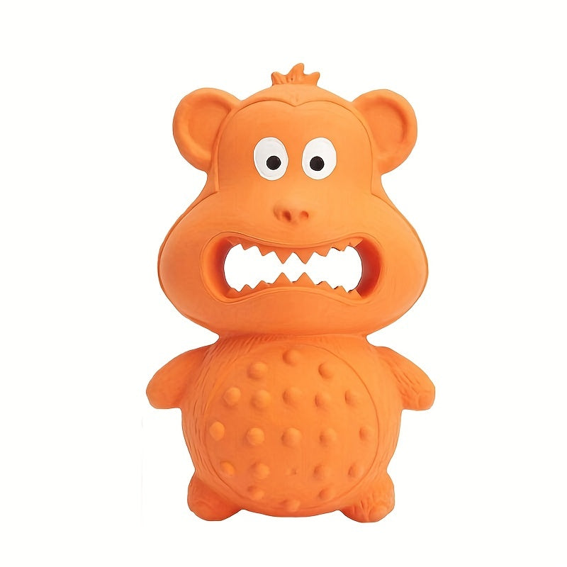 Orange rubber monkey dog chew toy with textured body and open mouth for biting