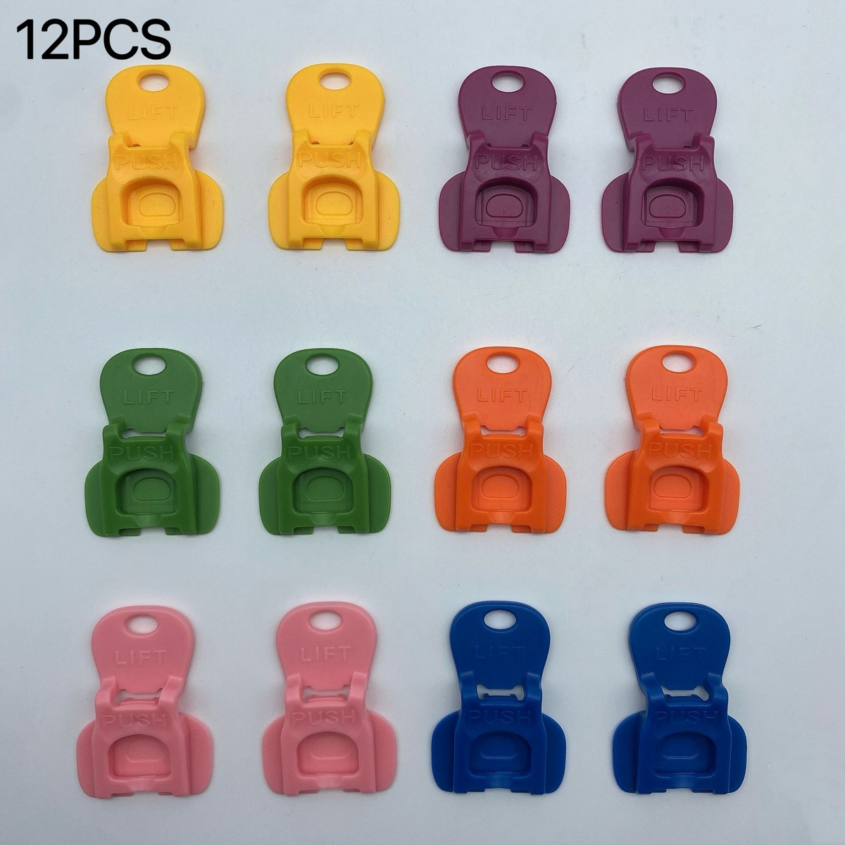 12-pack plastic can and bottle openers in assorted colors: yellow, purple, green, orange, blue