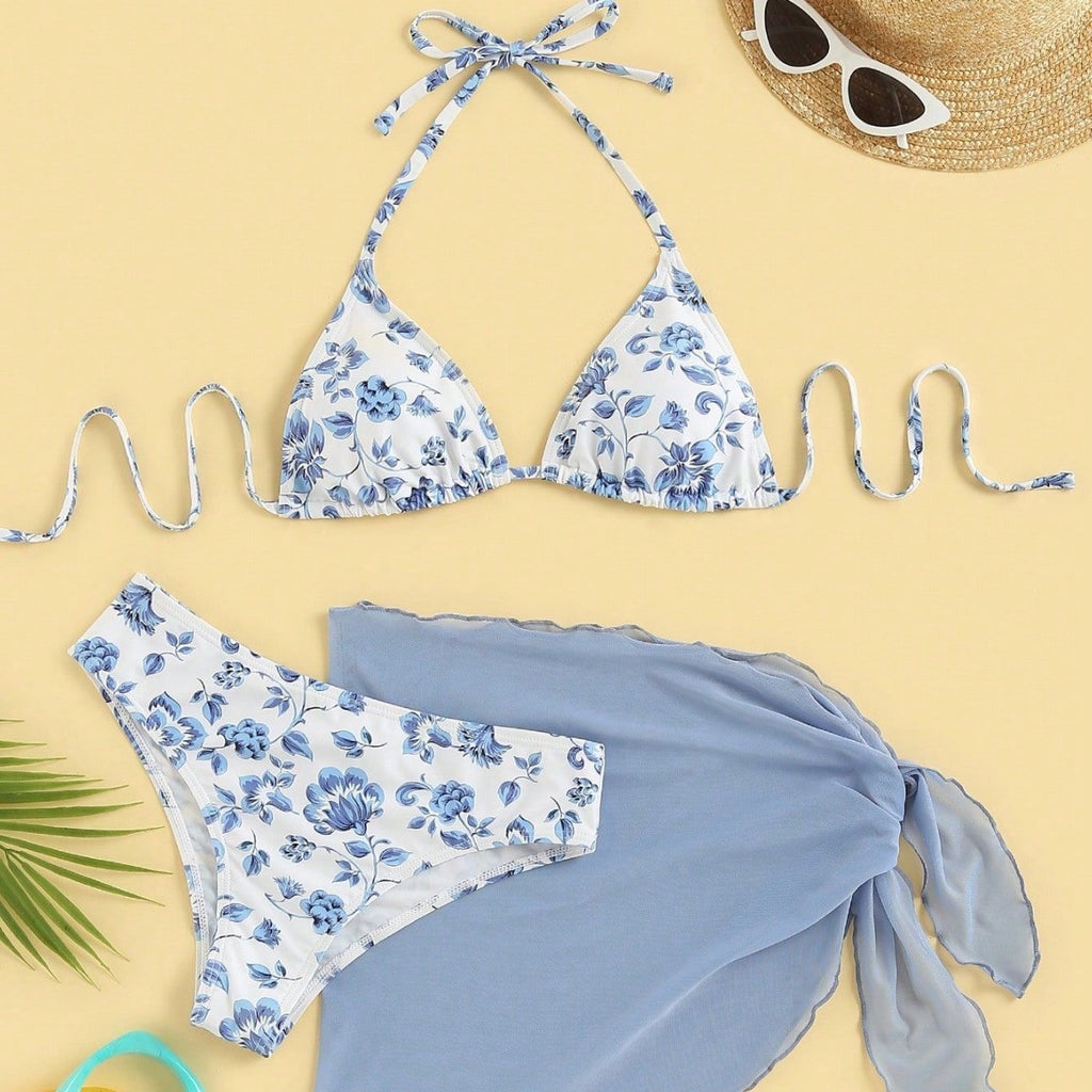 Small Floral Tie-neck Three-piece Bikini Split Swimsuit Swimwear Women
