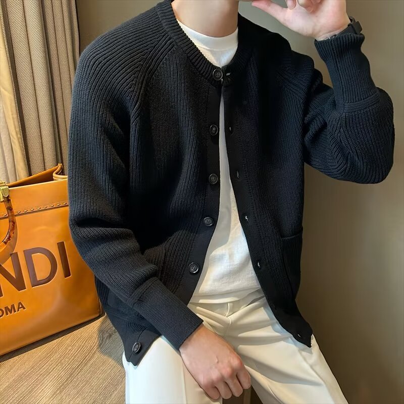 Cardigan Solid Color Round Neck Sweater Coat For Men