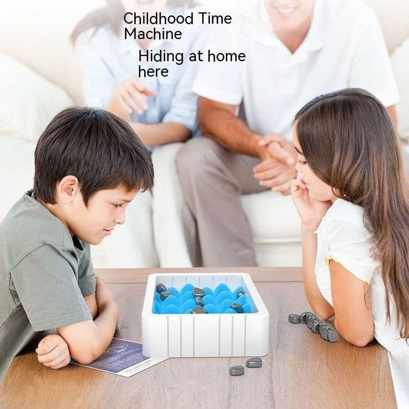 Magnetic chess set in a white tray with blue magnetic pieces and rope sticks