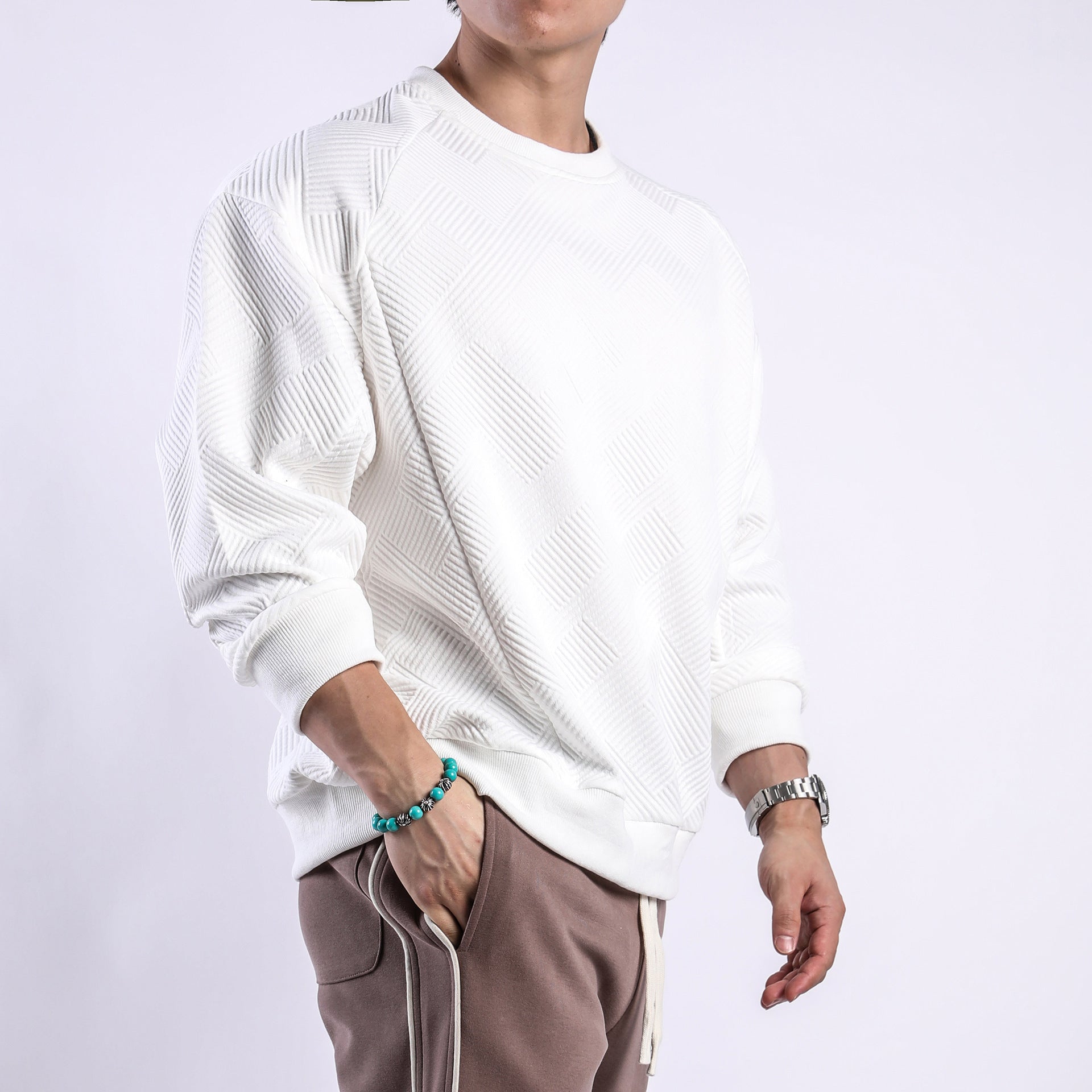 Twill Jacquard Long-sleeved Sweater Men's Spring And Autumn Round Neck