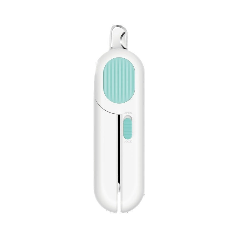 White LED pet nail clipper with teal light panel and metal cutting blade