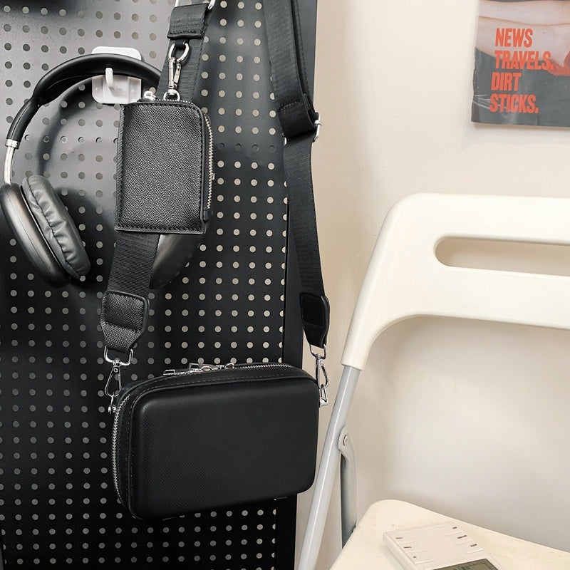 Mens Crossbody Bag PU Leather Pure Color All Matching Street Style Minimalist Single Shoulder Zipper Closure Leisure Bag