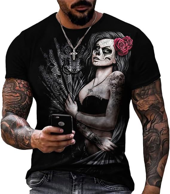 Printed Men's Short Sleeve Skull Head Round Neck T-shirt Hot Selling Short Sleeve