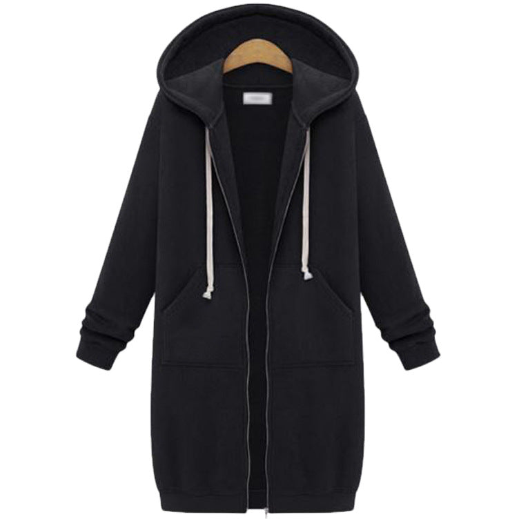 Black hooded long-sleeve fleece jacket with full-length zipper and drawstring