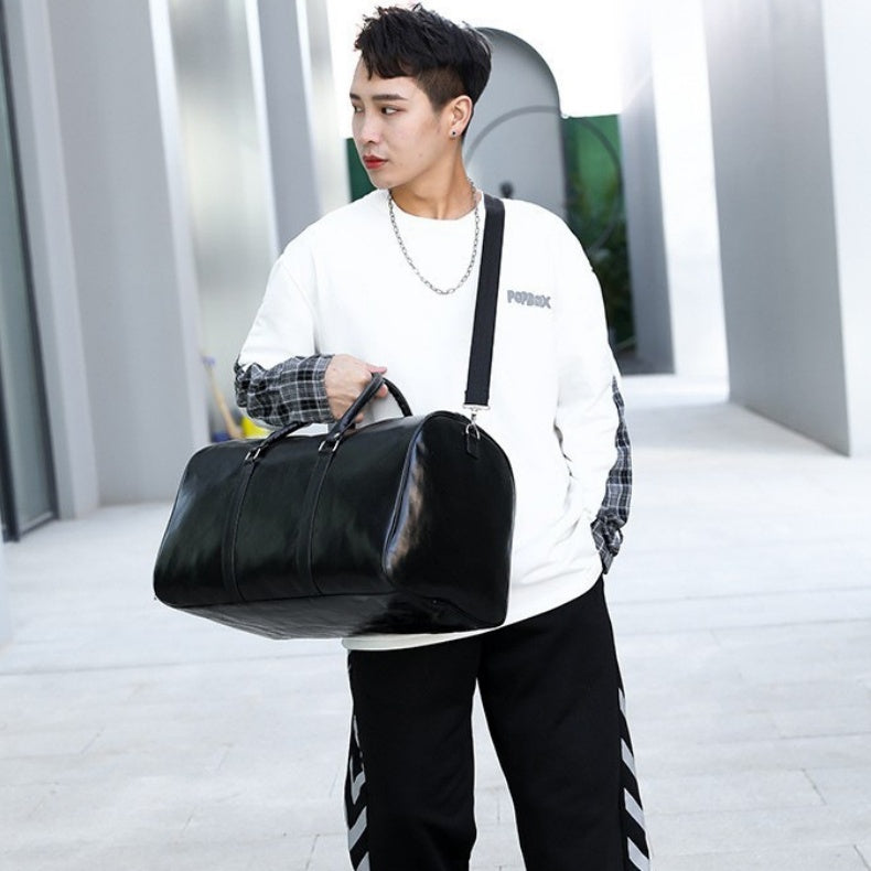 Retro Business Trip Large Capacity Mens PU Leather Travel Gym Bag Waterproof Breathable Short Distance Sports Bag