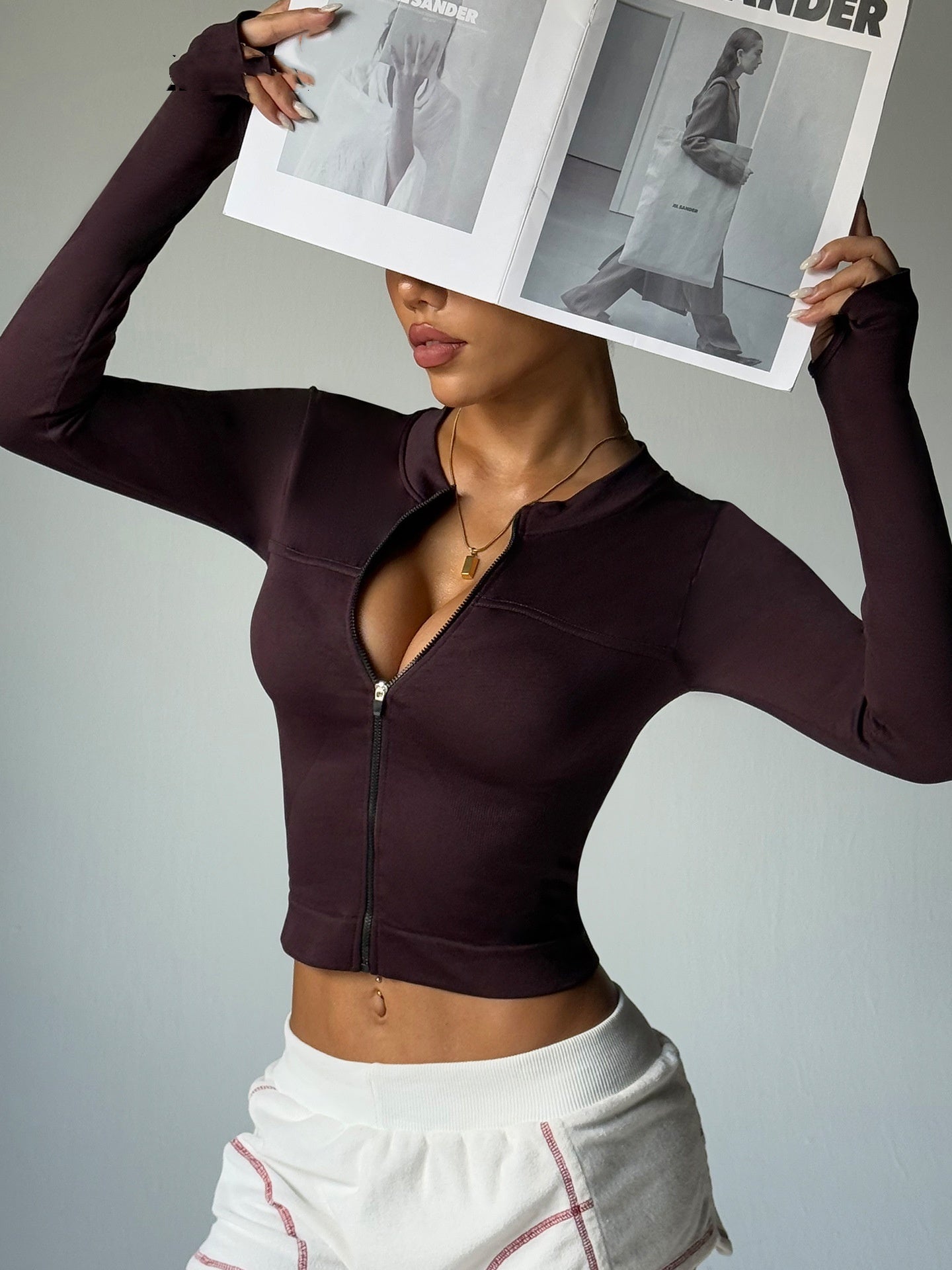 Brown Long Sleeve Zip Up Quick Dry Yoga Jacket For Training Sports Fitness Nylon Spandex