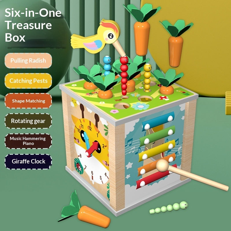 Six-in-One treasure box wooden activity cube with bead maze, carrots, and xylophone bars