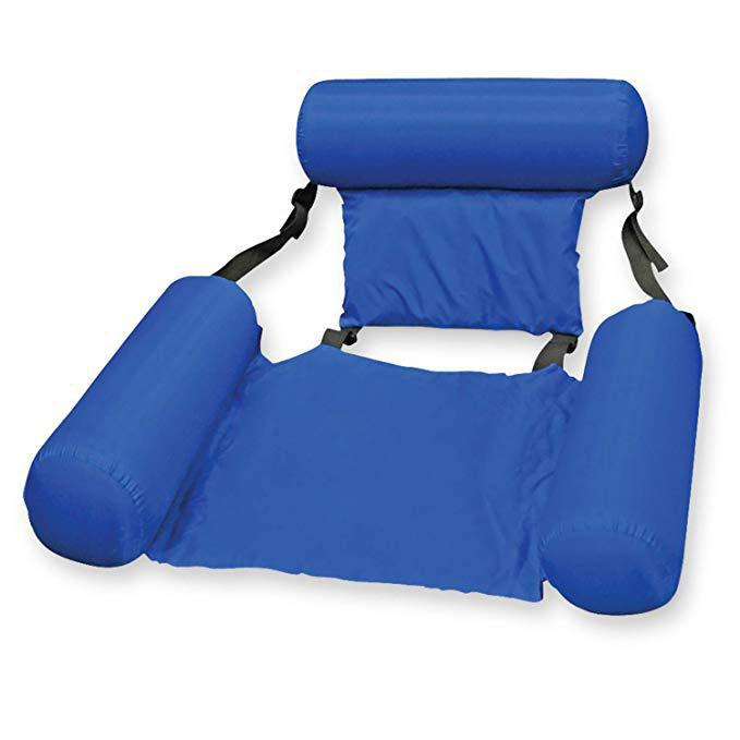 Blue inflatable floating hammock with padded headrest, straps, and side arm cushions