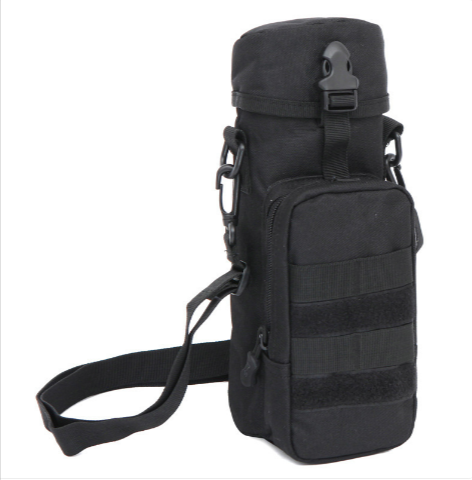 Black water bottle shoulder bag with adjustable strap and front panel pockets