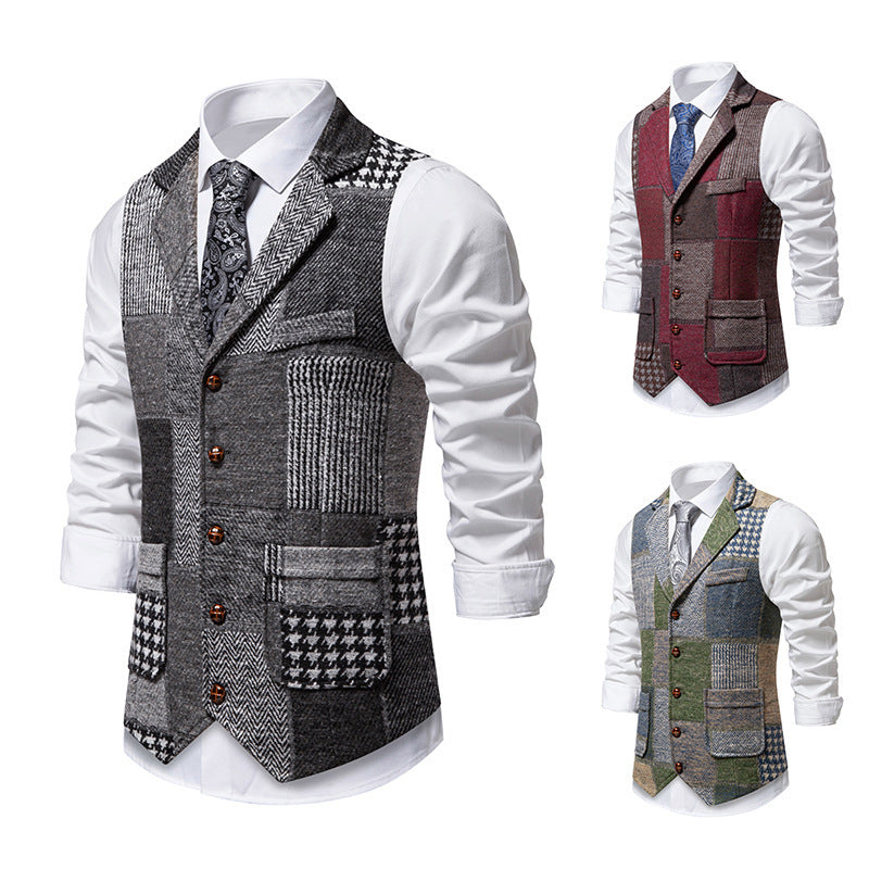 Retro Patchwork Lapel Men's European Size Suit Vest