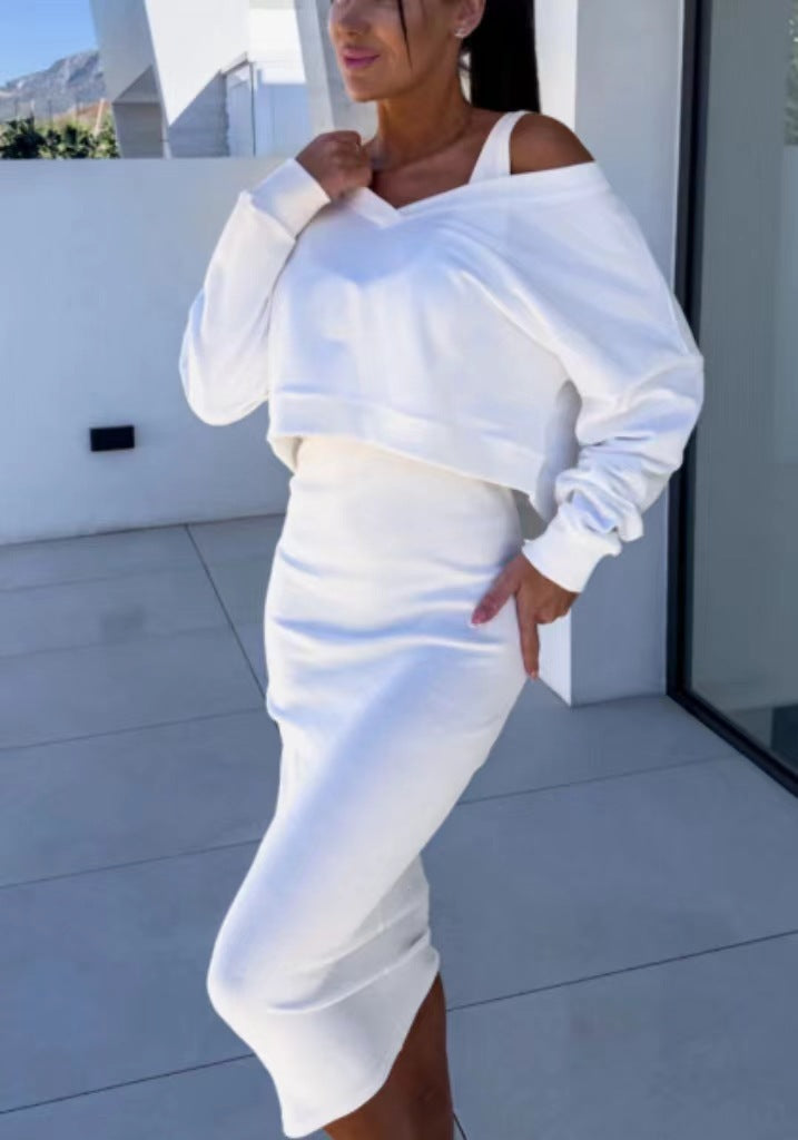 White 2-piece set with long-sleeve V-neck sweatshirt and sleeveless midi dress