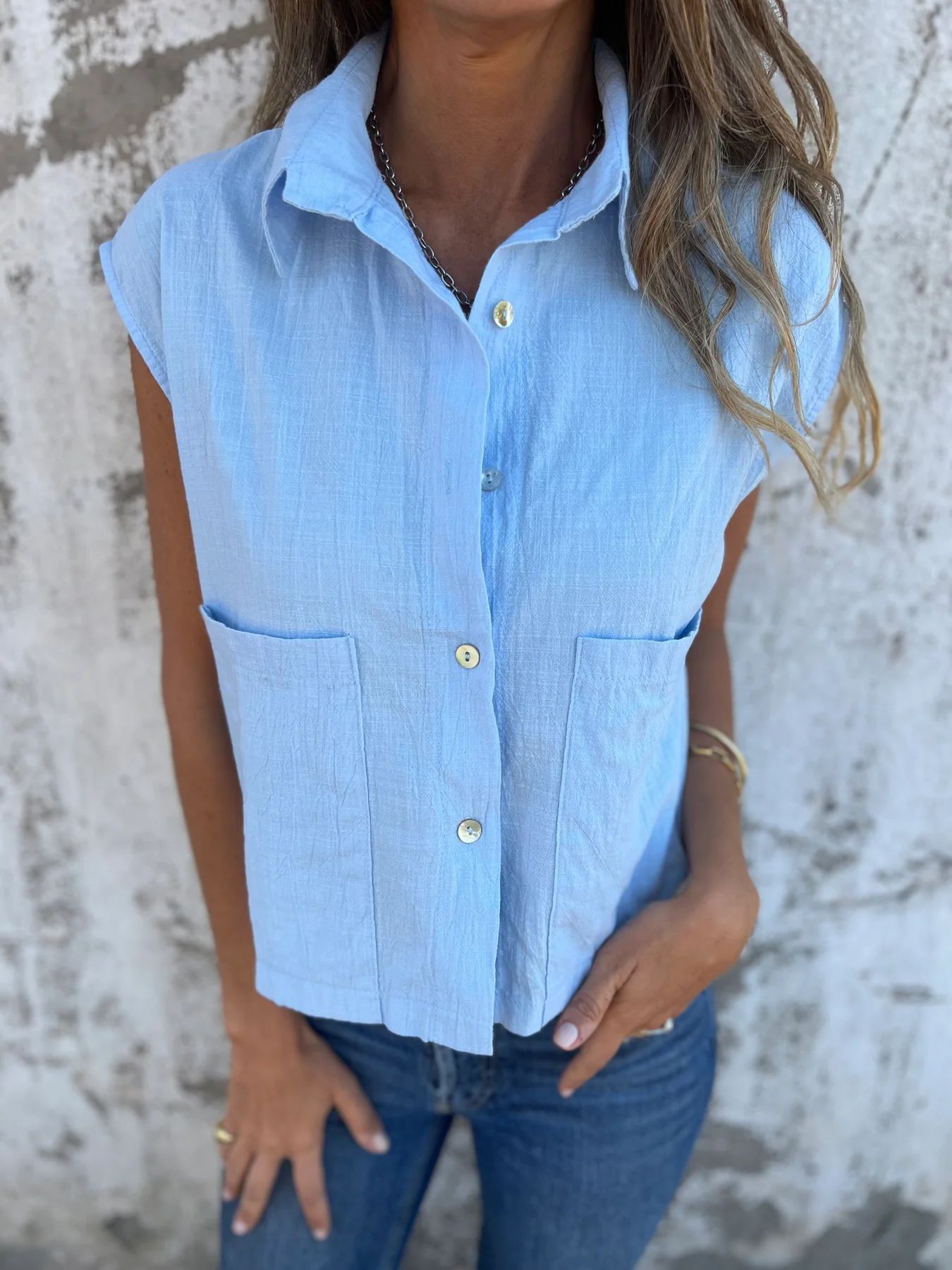 Women's Casual Cotton Linen Button-Up Shirt - Loose Fit with Pockets