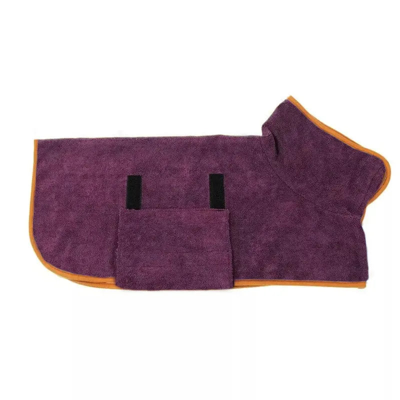 Purple pet bathrobe towel with hood, two black closures, and yellow trim