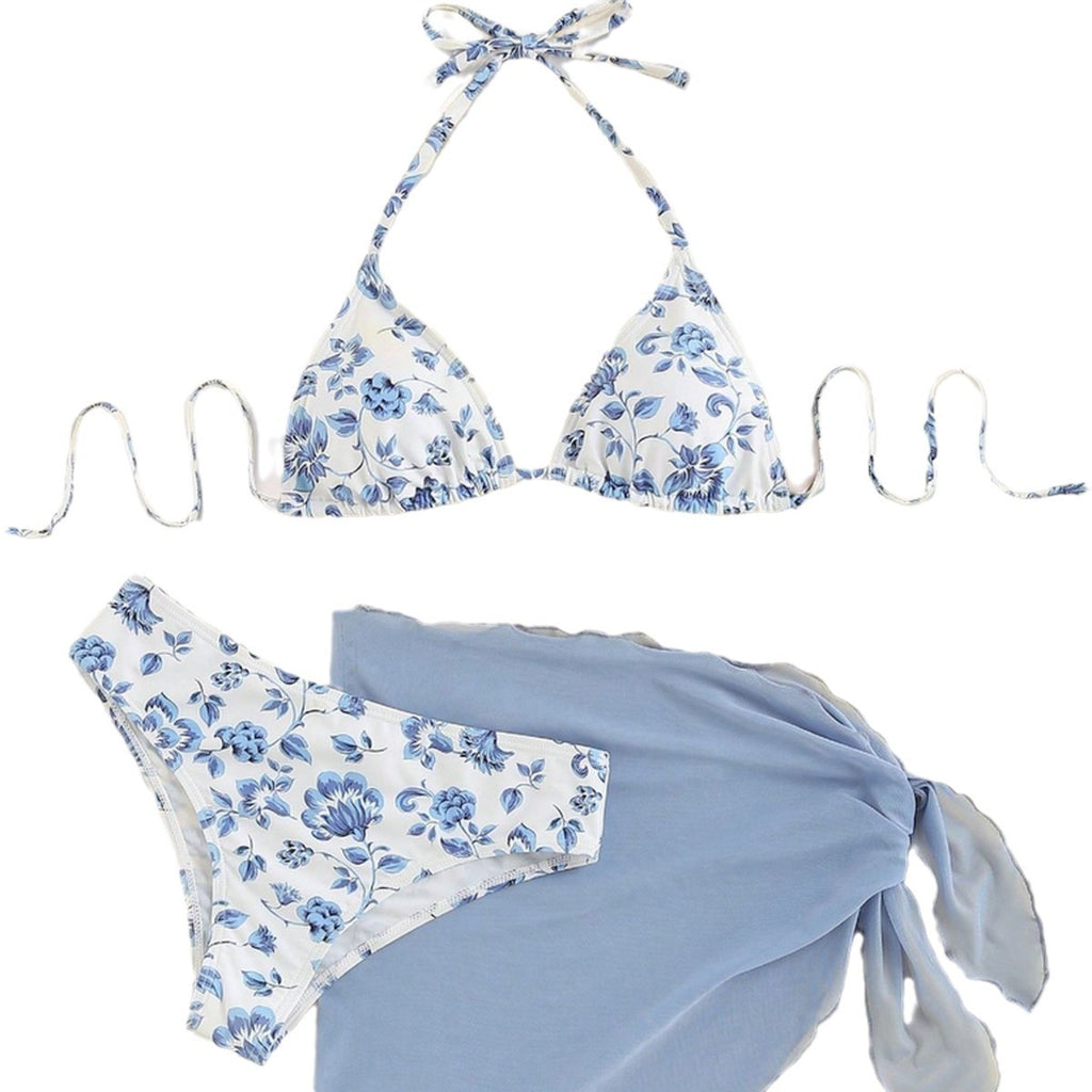 Small Floral Tie-neck Three-piece Bikini Split Swimsuit Swimwear Women