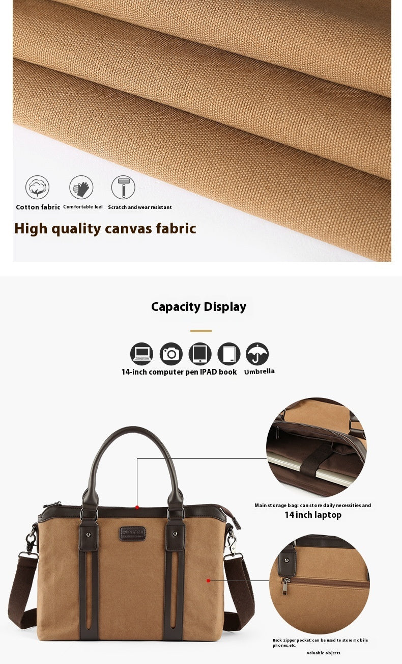 Canvas Shoulder Messenger Bag For Men Black Business Briefcase With Soft Handle And Polyester Lining
