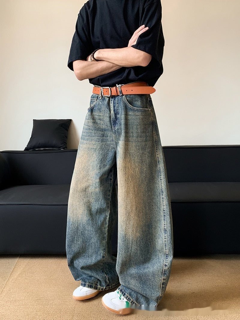 Summer American Retro Distressed Machete Denim Slimming Wide-leg Pants For Men