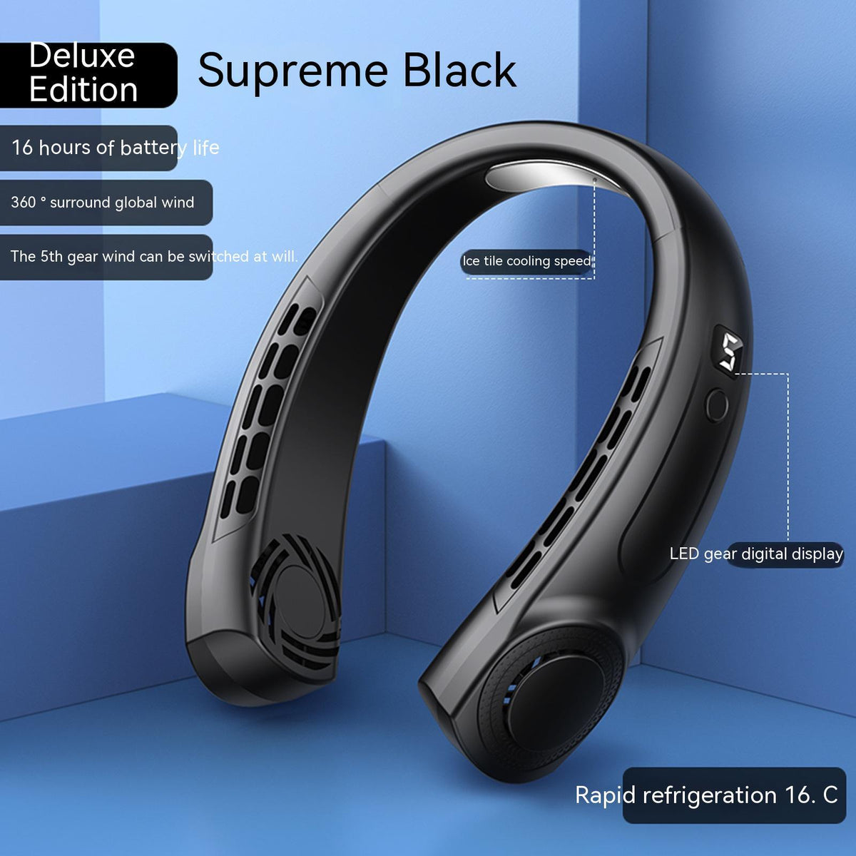 Portable hanging neck fan in black, curved neck design with vented airflow panels