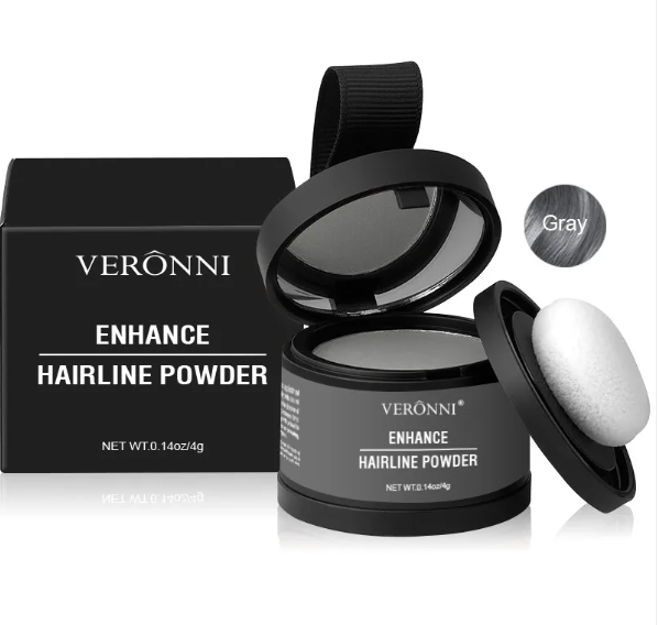 Hairline powder concealer in Gray shade with black compact and applicator puff