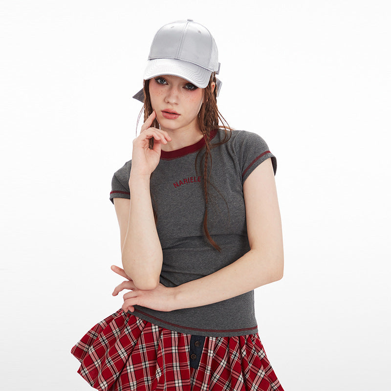 Casual Round Neck Short Sleeve Women Alphabet Embroidery Tee Slim Fit Cotton Top