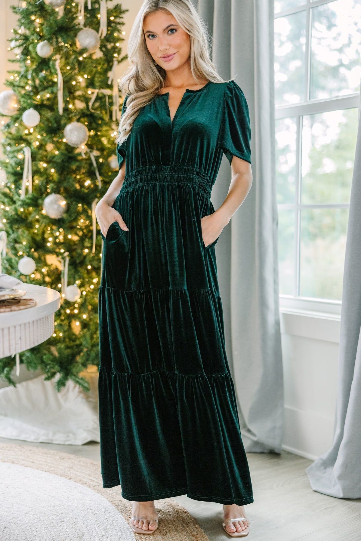 Dark green velvet tiered maxi dress with puff sleeves and V-neck